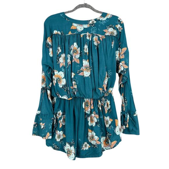 Free People Teal Tuscan Dreams Floral Print V Neck Wrap Long Sleeve Blouse XS - Picture 2 of 6